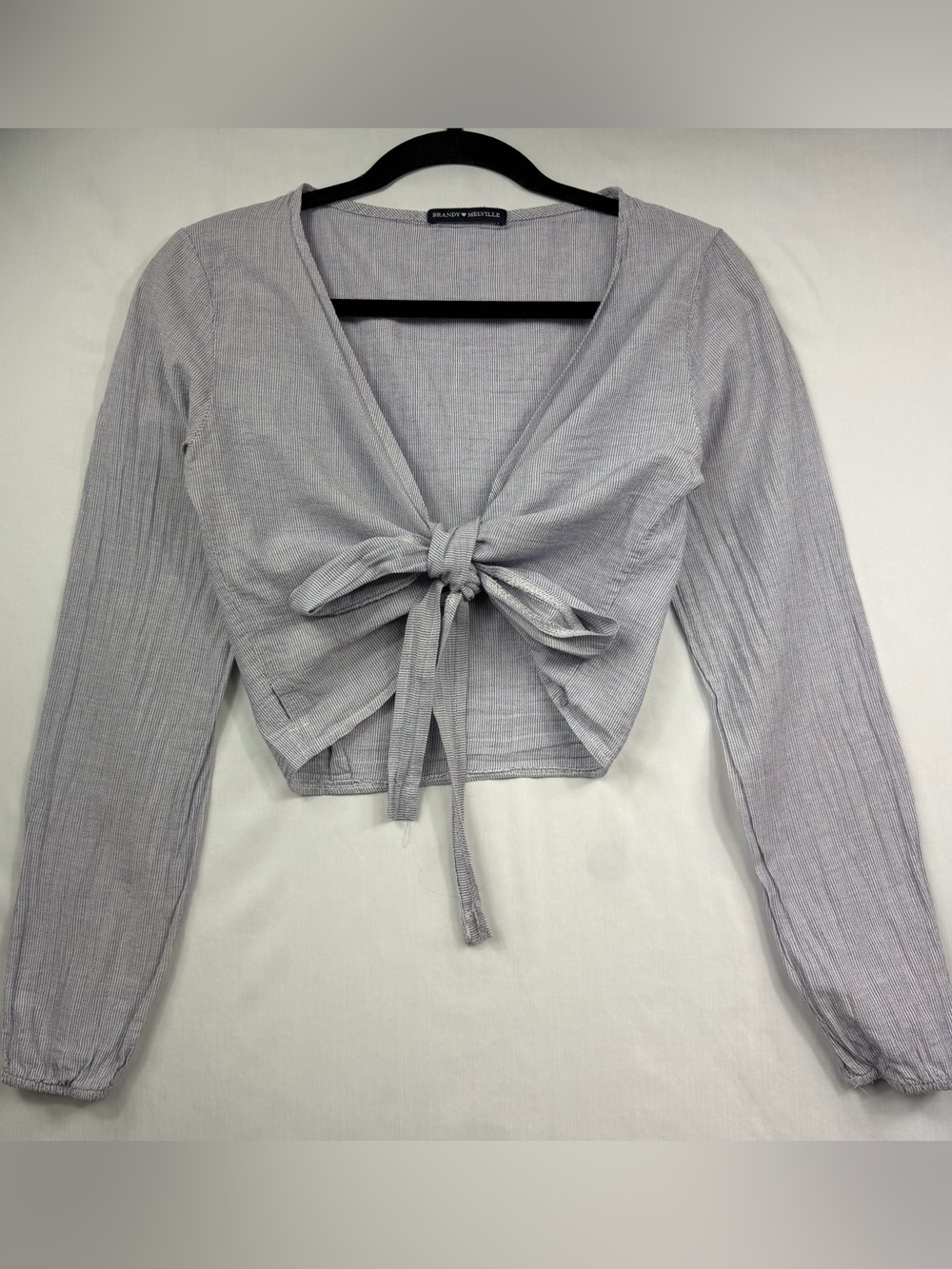 Brandy Melville Gray & White Striped Tie Front Long Sleeve Crop Top